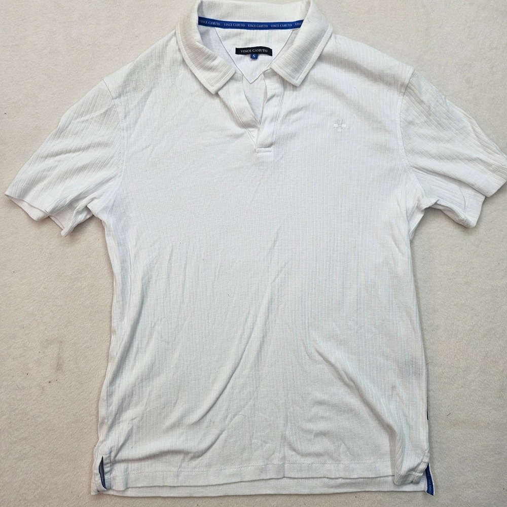 Vince‎ Camuto Polo Shirt Mens Small White Excellent Ribbed Short Sleeve V-Neck